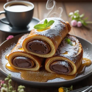 Two Nutella-filled French toast roll-ups sliced open to reveal a creamy interior, dusted with powdered sugar, garnished with fresh mint, and drizzled with caramel sauce on a plate. A steaming cup of coffee and delicate flowers add a cozy touch.