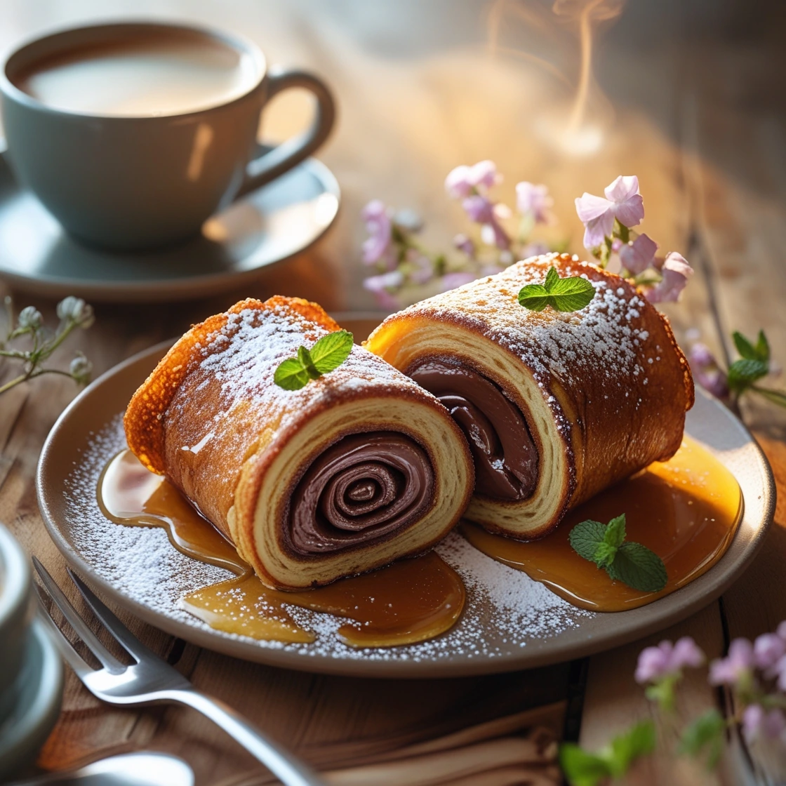 Two Nutella-filled French toast roll-ups sliced open to reveal a creamy interior, dusted with powdered sugar, garnished with fresh mint, and drizzled with caramel sauce on a plate. A steaming cup of coffee and delicate flowers add a cozy touch.