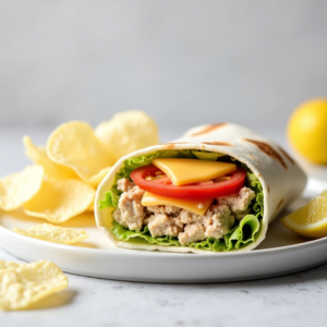 A warm and inviting image of two tuna melt wraps served on a white plate. Each wrap is filled with creamy tuna salad, fresh lettuce, a slice of cheddar cheese, and tomato slices, accompanied by lemon wedges and chips