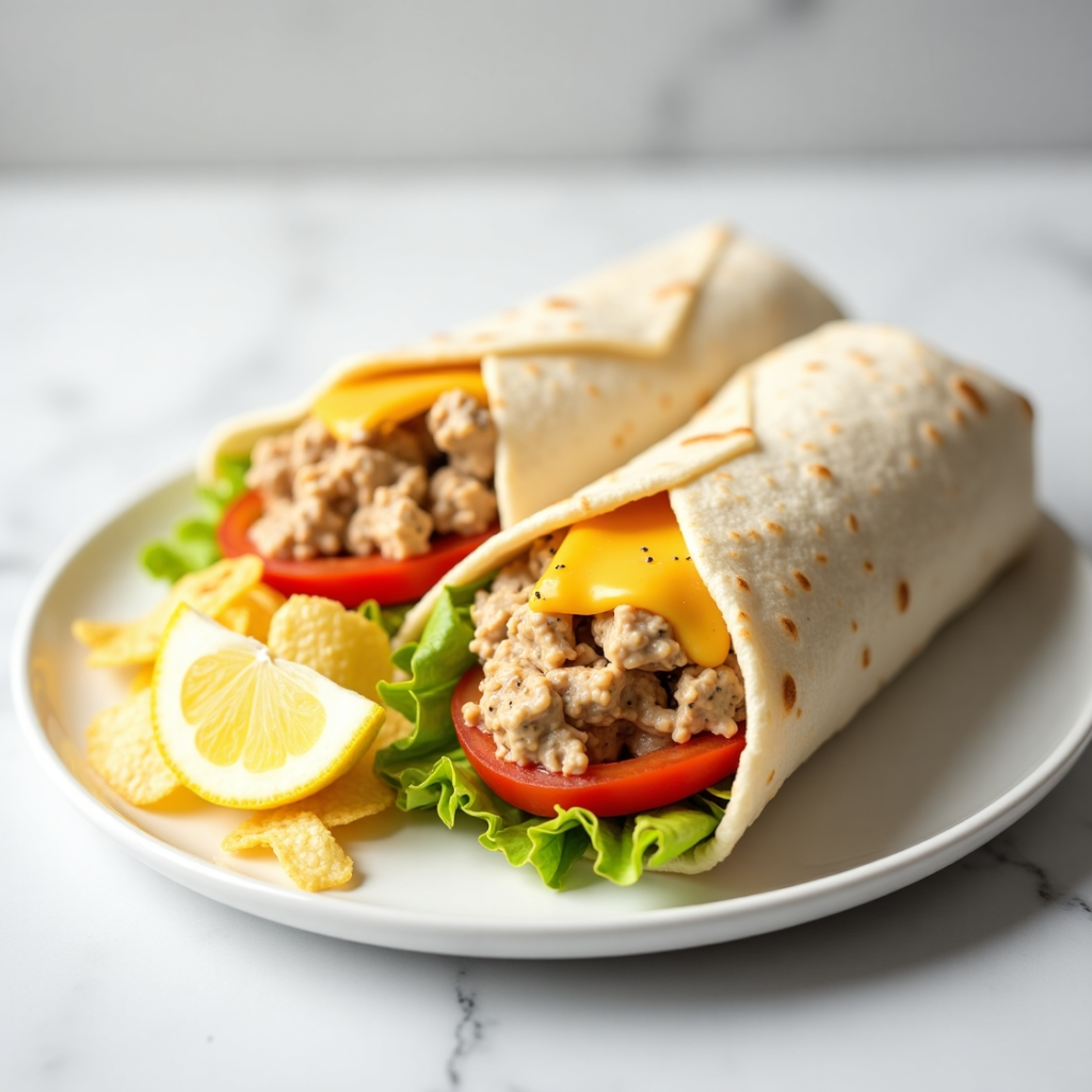 A warm and inviting image of two tuna melt wraps served on a white plate. Each wrap is filled with creamy tuna salad, fresh lettuce, a slice of cheddar cheese, and tomato slices, accompanied by lemon wedges and chips