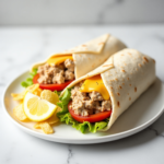 A warm and inviting image of two tuna melt wraps served on a white plate. Each wrap is filled with creamy tuna salad, fresh lettuce, a slice of cheddar cheese, and tomato slices, accompanied by lemon wedges and chips