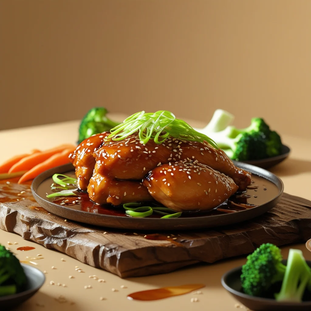 Plate of glazed teriyaki chicken garnished with sesame seeds and green onions, served with steamed broccoli and carrots