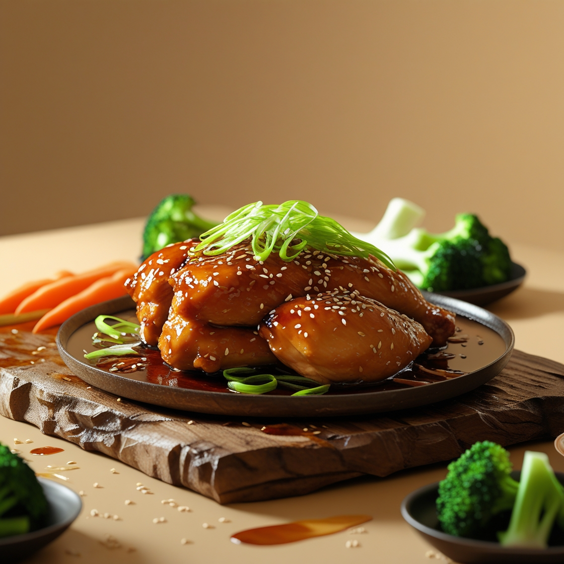 Plate of glazed teriyaki chicken garnished with sesame seeds and green onions, served with steamed broccoli and carrots