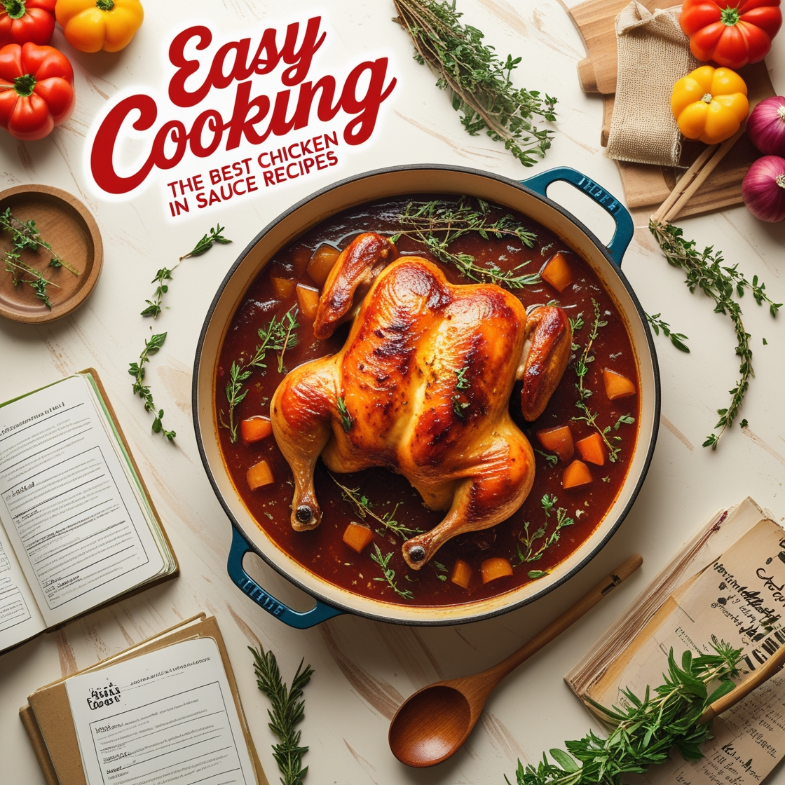 A whole roasted chicken in a rich sauce with herbs and vegetables in a Dutch oven, surrounded by fresh ingredients and recipe books.