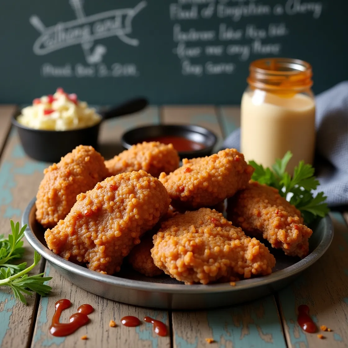 A plate of crispy Southern fried chicken with golden breading, served alongside dipping sauces and garnished with fresh parsley.