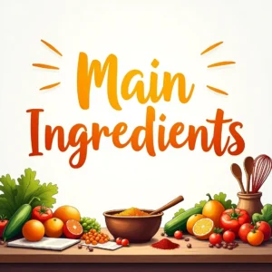 A colorful display of fresh ingredients on a wooden countertop, featuring vegetables, spices, and cooking tools with "Main Ingredients" written in bold orange text above