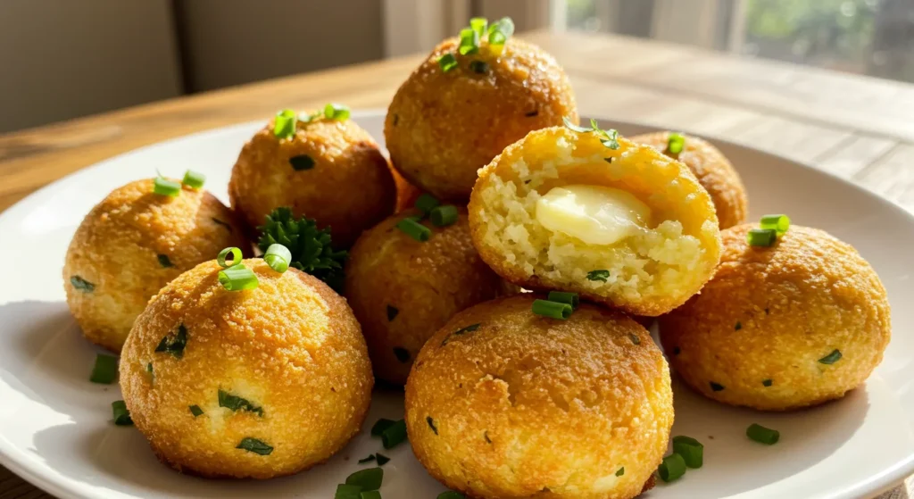 Boulettes de purée de pommes de terre croustillantes et dorées sur une assiette avec une sauce à tremper