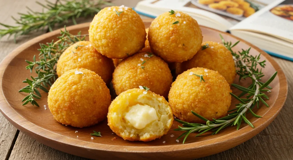 Boulettes de purée de pommes de terre croustillantes servies avec une sauce à tremper et garnies d'herbes fraîches