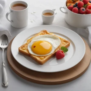 Un petit-déjeuner joliment présenté avec du pain grillé aux œufs au plat, des framboises fraîches, du jus d'orange et un filet de sirop sur une assiette blanche.