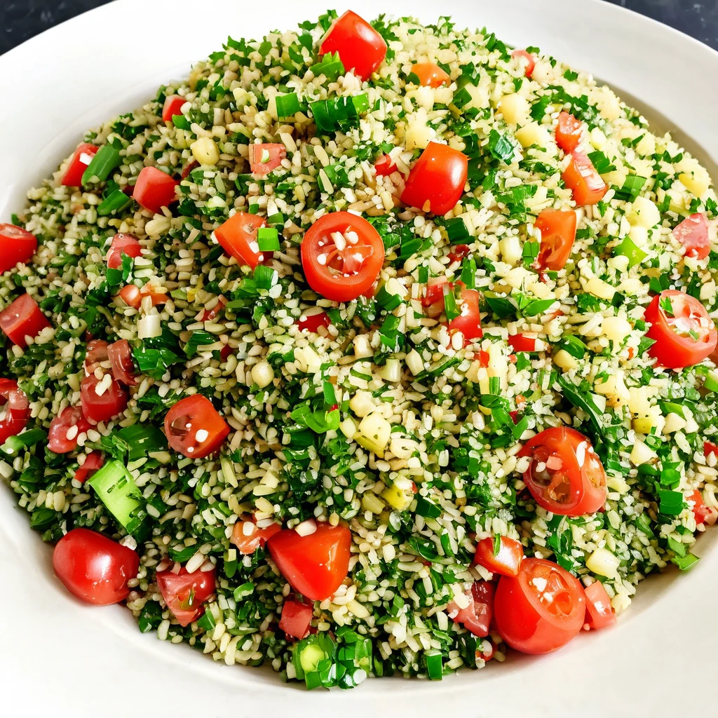 Fresh Tabbouleh salad with couscous, tomatoes, cucumbers, parsley, and mint.