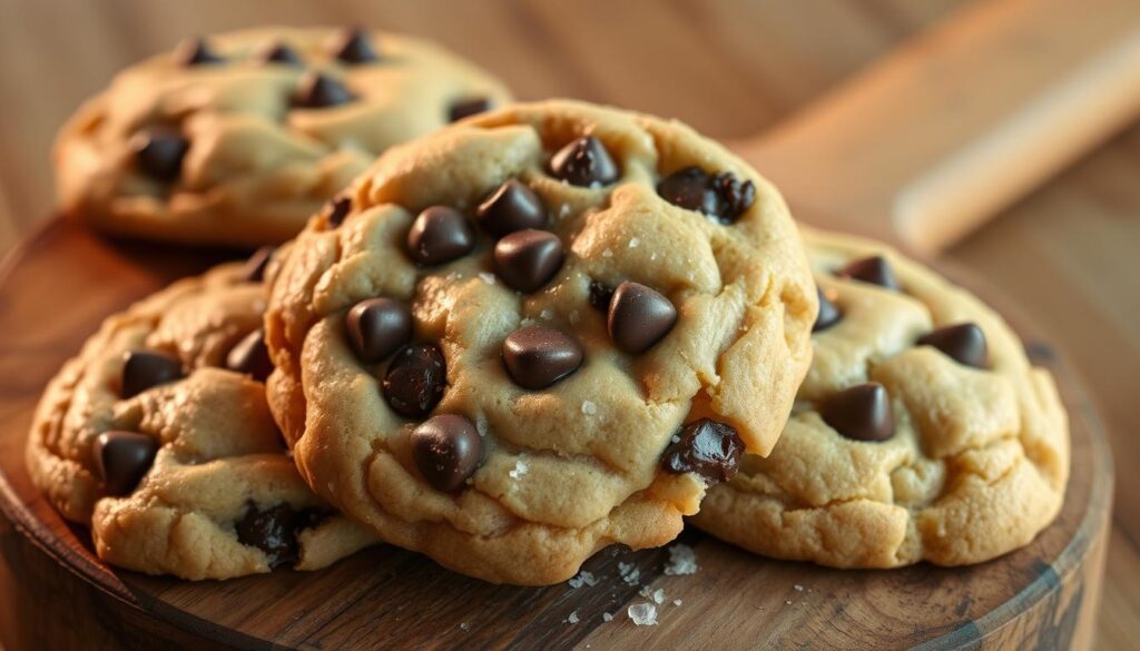 Freshly baked chocolate chip cookies, glistening with melted morsels, resting on a rustic wooden board. Soft and chewy centers, crisp golden edges, sprinkled with a light dusting of coarse sea salt. Backlit by warm, natural lighting, casting a cozy glow and inviting aroma. The cookies are framed by a simple, minimal background, allowing their homemade goodness to take center stage. Captured from a slightly elevated angle, showcasing the irresistible texture and mouthwatering appearance of these classic American treats.
