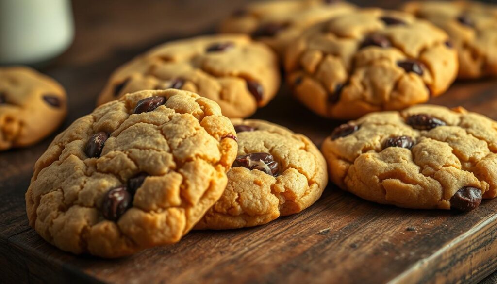 a close-up photograph of several homemade American cookies with a classic crackly texture, freshly baked and arranged on a rustic wooden surface. The cookies have a golden-brown exterior with visible chunks of chocolate or nuts peeking through. The lighting is warm and natural, casting a soft glow on the cookies and highlighting their inviting, homemade appearance. The background is slightly blurred, creating a sense of focus on the delectable cookies. The overall mood is cozy, comforting, and nostalgic, capturing the essence of timeless American baking.