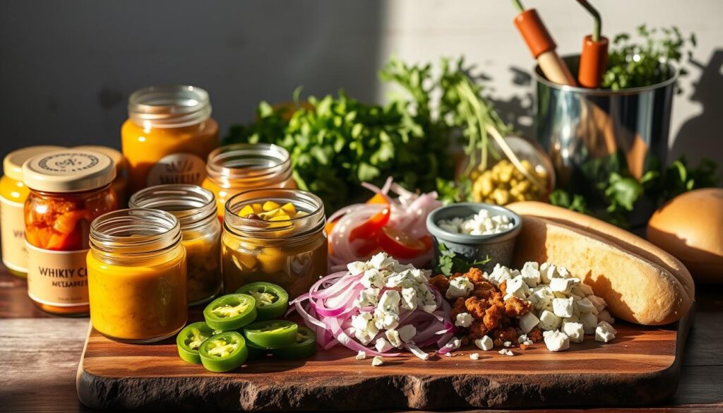 gourmet hot dog condiments